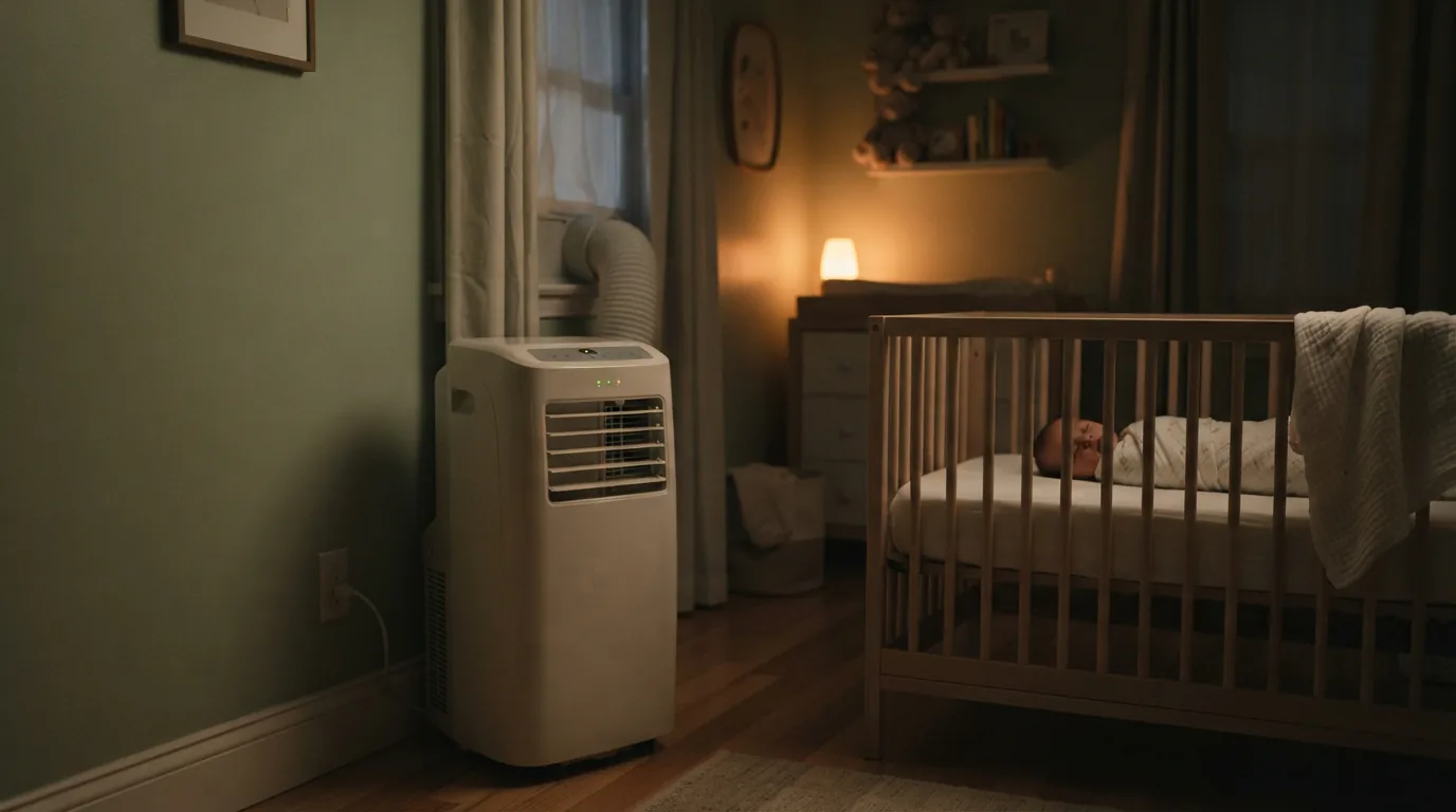An ultra-quiet EdgeStar portable air conditioner operating in a softly lit nursery at night