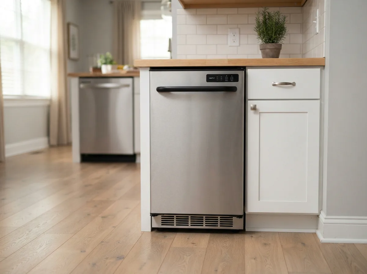 The EdgeStar IB250SS 15-inch ice maker with a stainless steel front, in a kitchen setting.