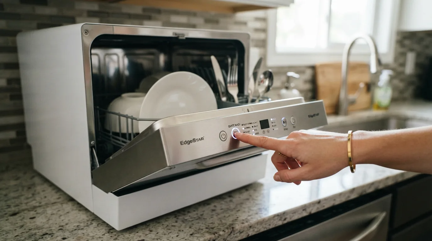 EdgeStar DWP62 dishwasher with a focus on its quick wash cycle button