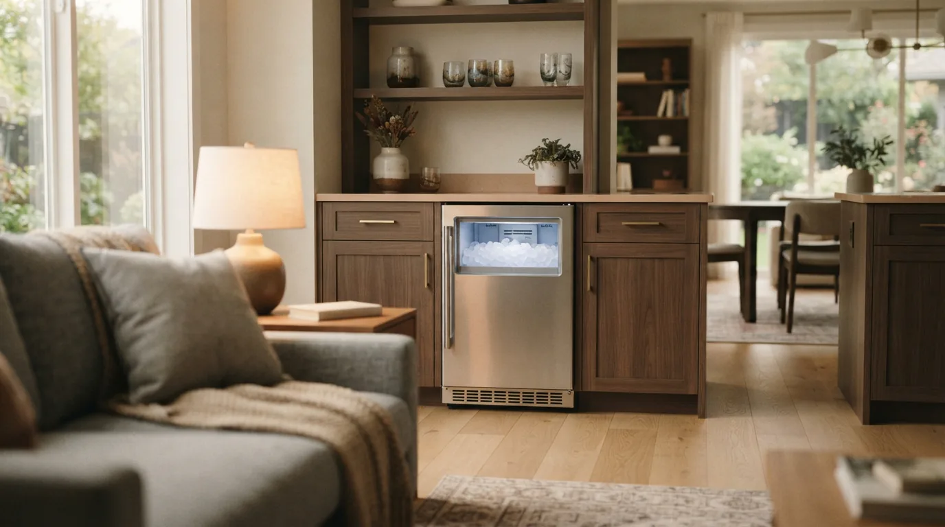 An ultra-quiet EdgeStar undercounter ice maker operating in a quiet, open living space.