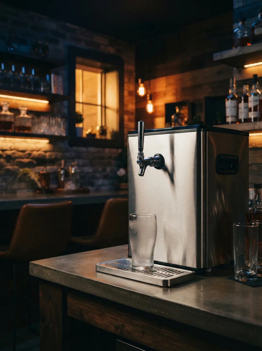 A sleek EdgeStar kegerator in a stylish home environment, dispensing draft beer into a glass.