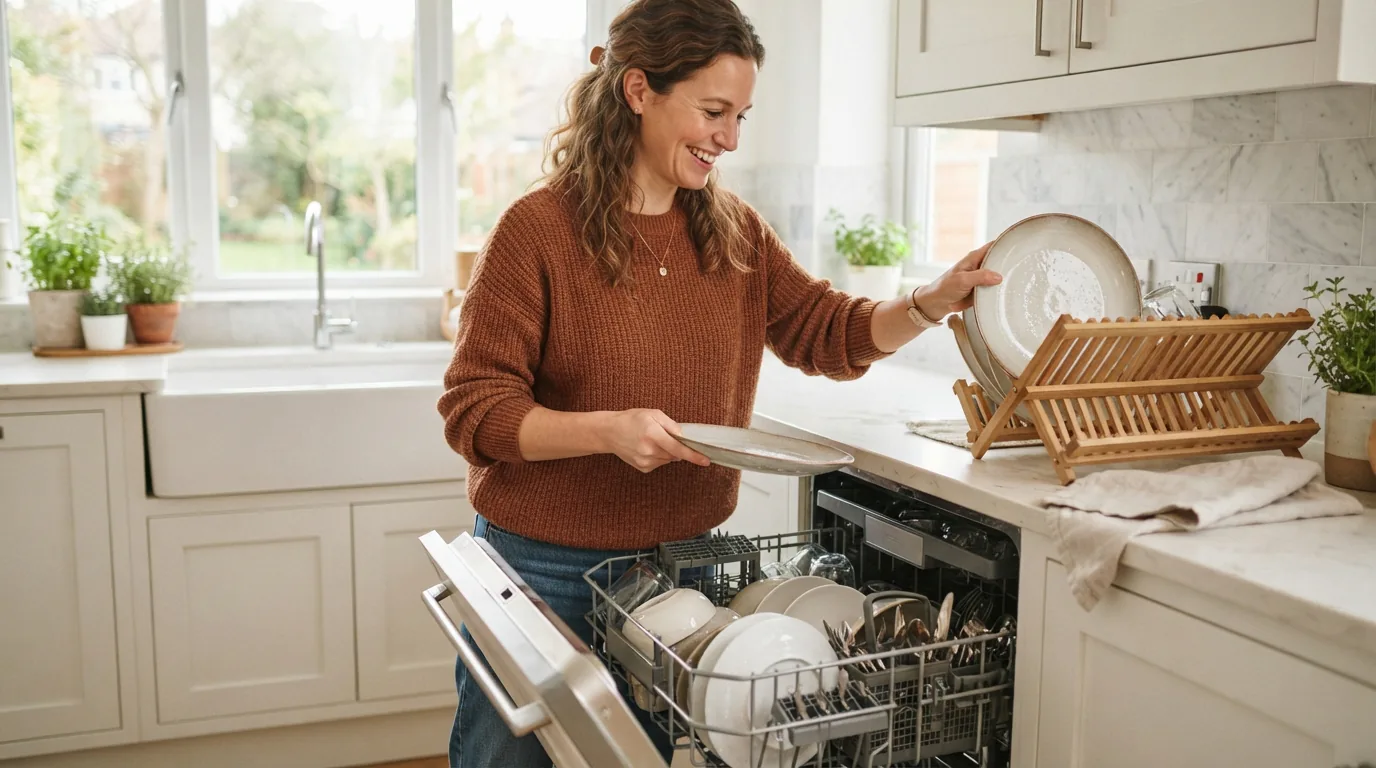 A person smiling while unloading clean dishes from an EdgeStar dishwasher