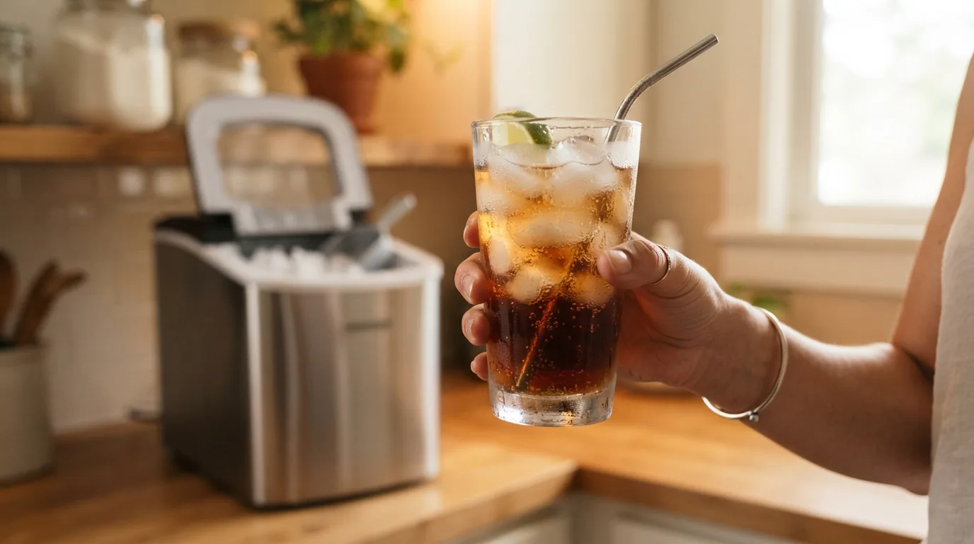 Person enjoying a cold drink made with ice from a home ice maker