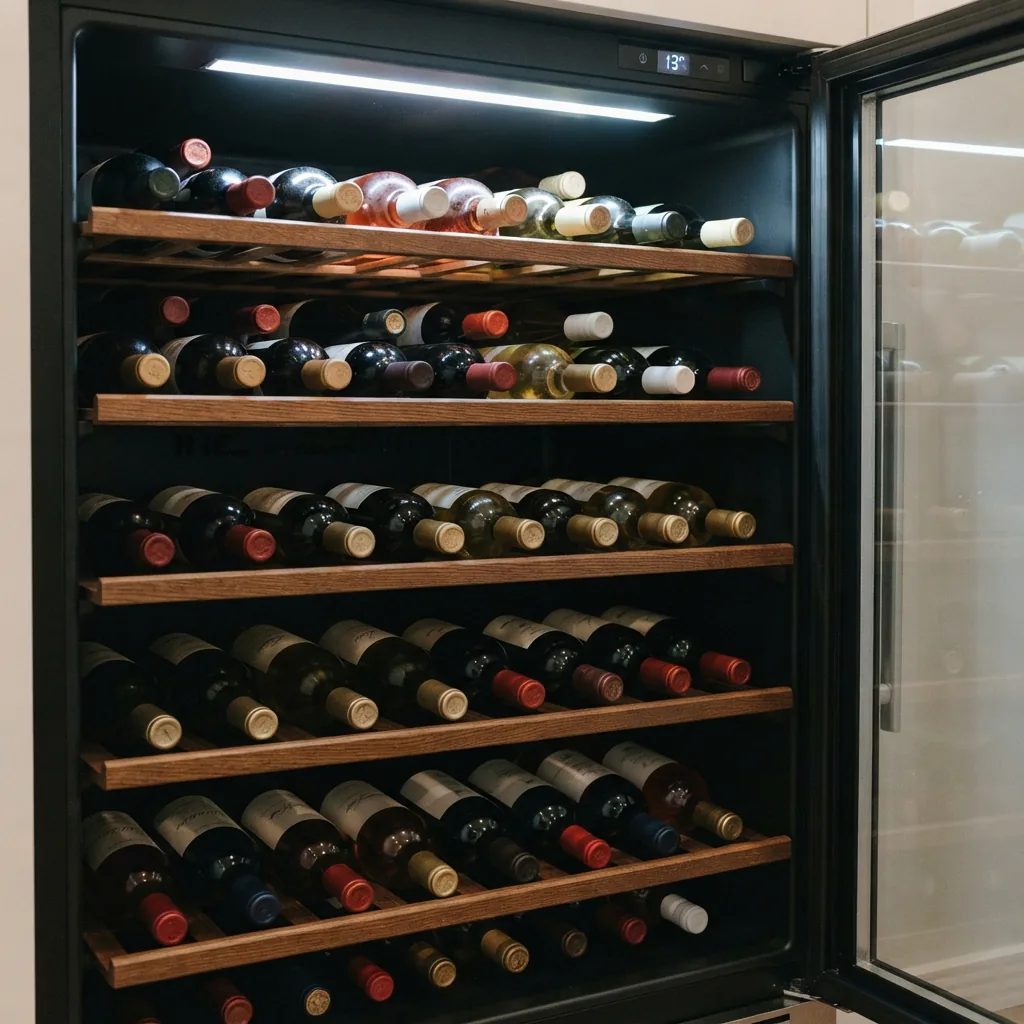 A wine cooler interior with all bottles stored at one uniform temperature