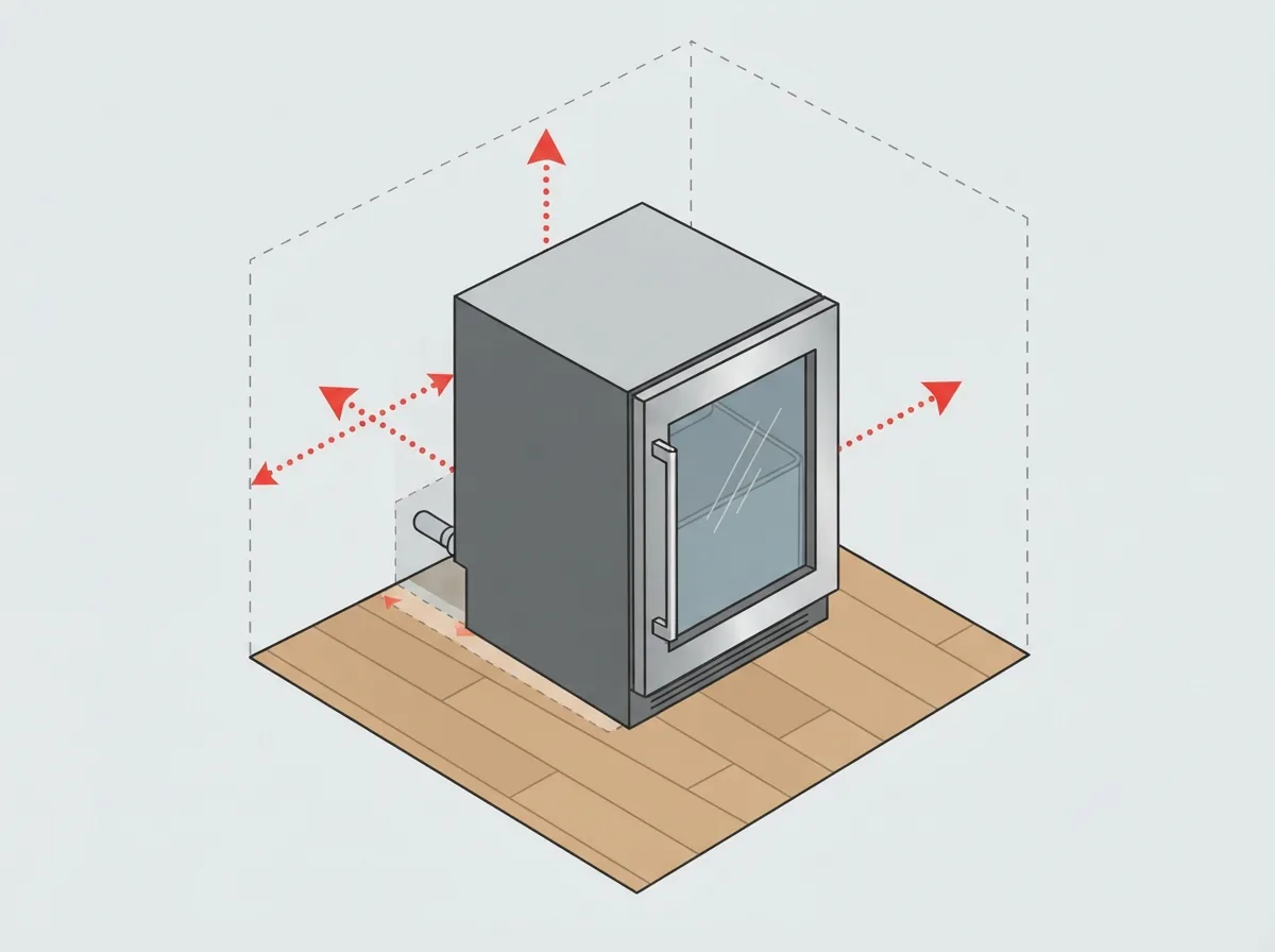 A diagram-style overlay showing the air vent placement and clearance needed around an undercounter ice maker for proper installation.