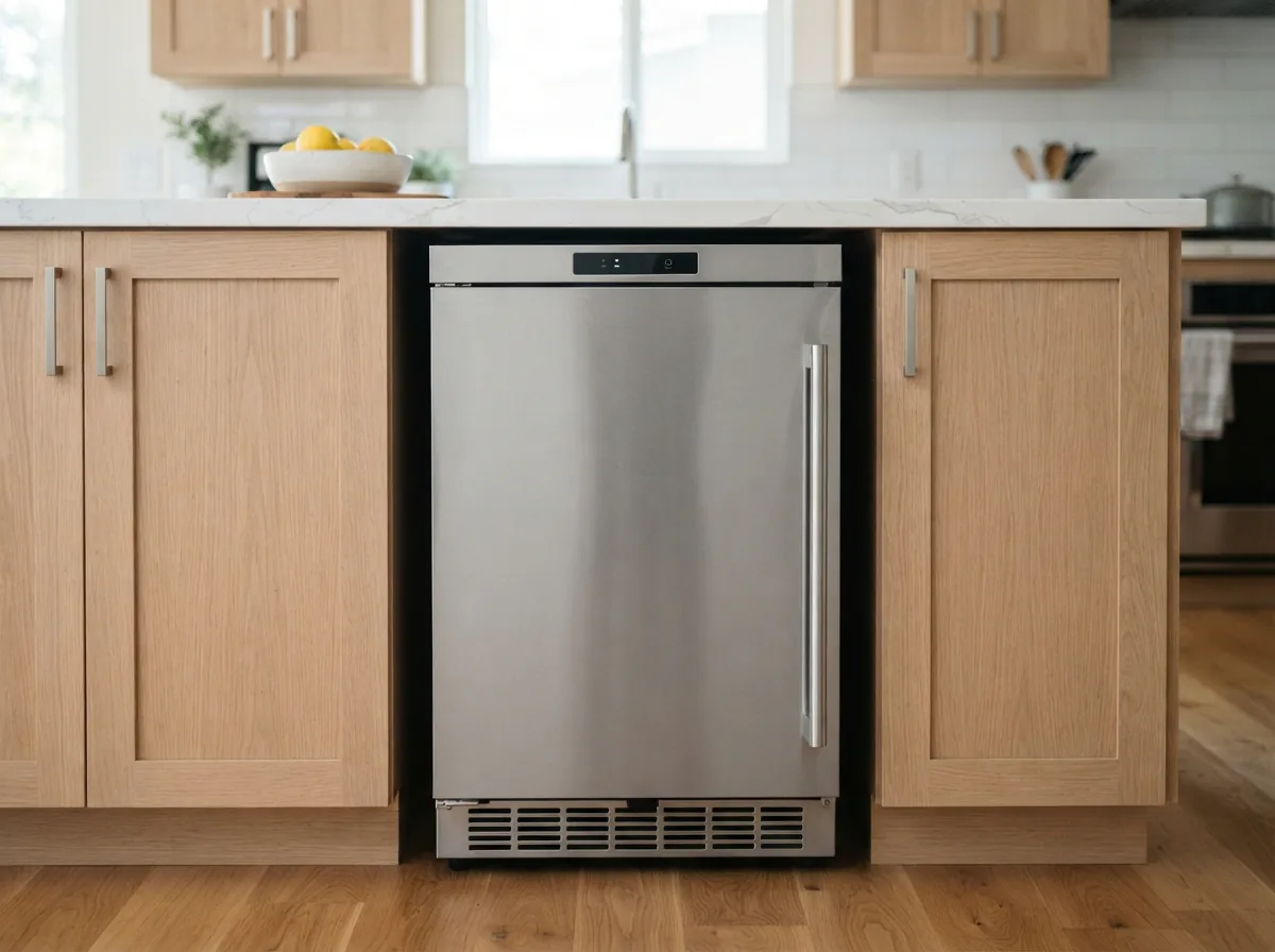The EdgeStar slim-design undercounter ice maker installed in a very narrow kitchen cabinet slot.