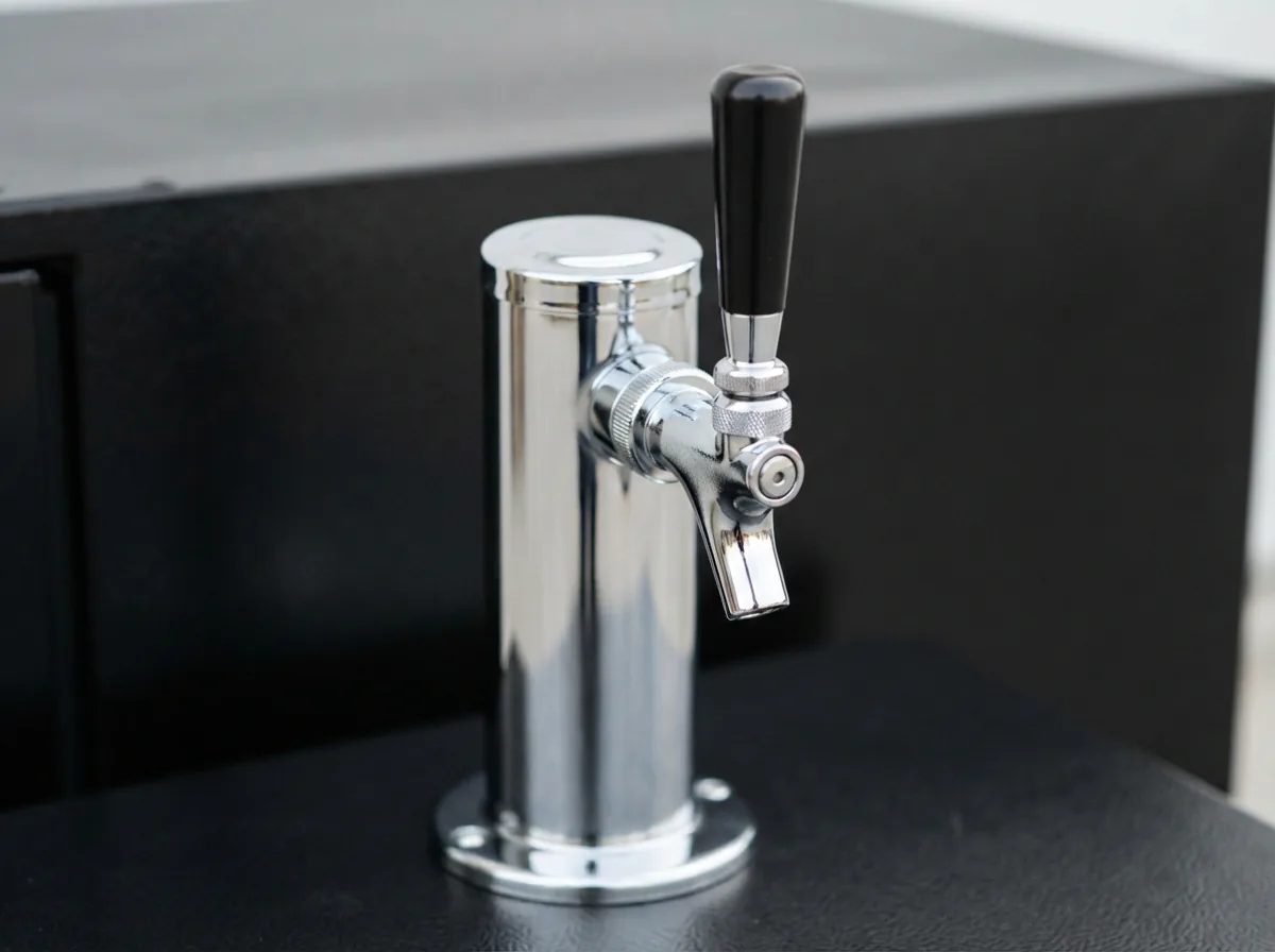 A close-up of the chrome tap tower on the EdgeStar KC2000, showing a clean, drip-free pour.