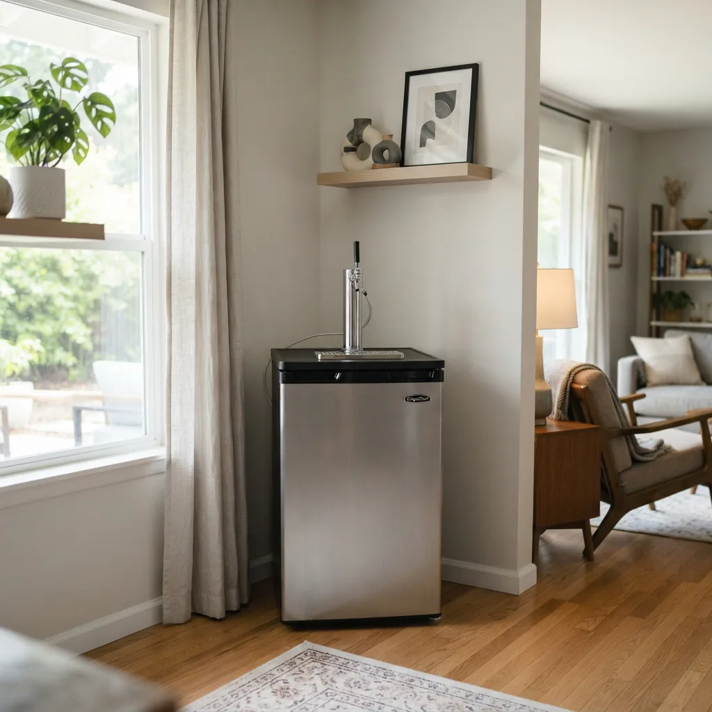 A freestanding EdgeStar kegerator shown in a living room corner, away from any cabinets.