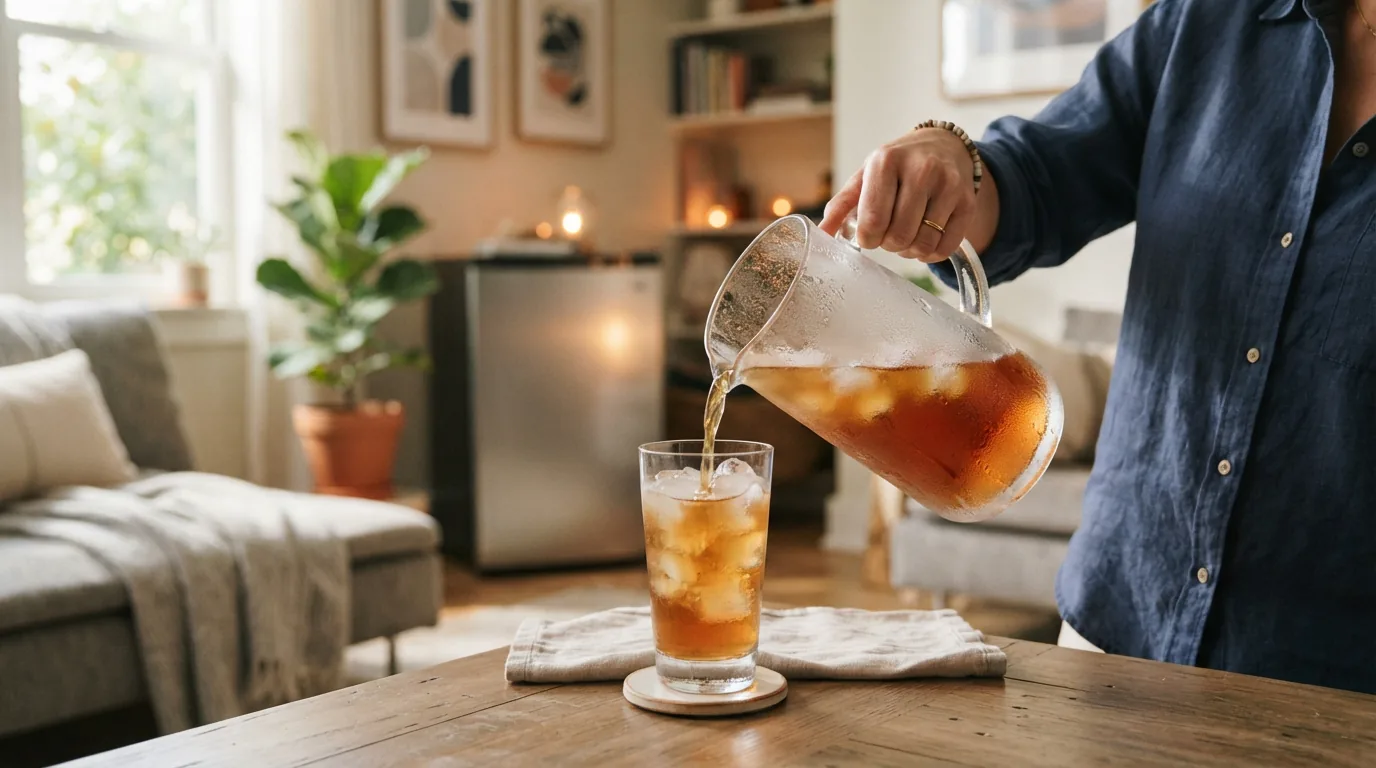 A person enjoying a cold drink poured from a compact refrigerator in a home setting.