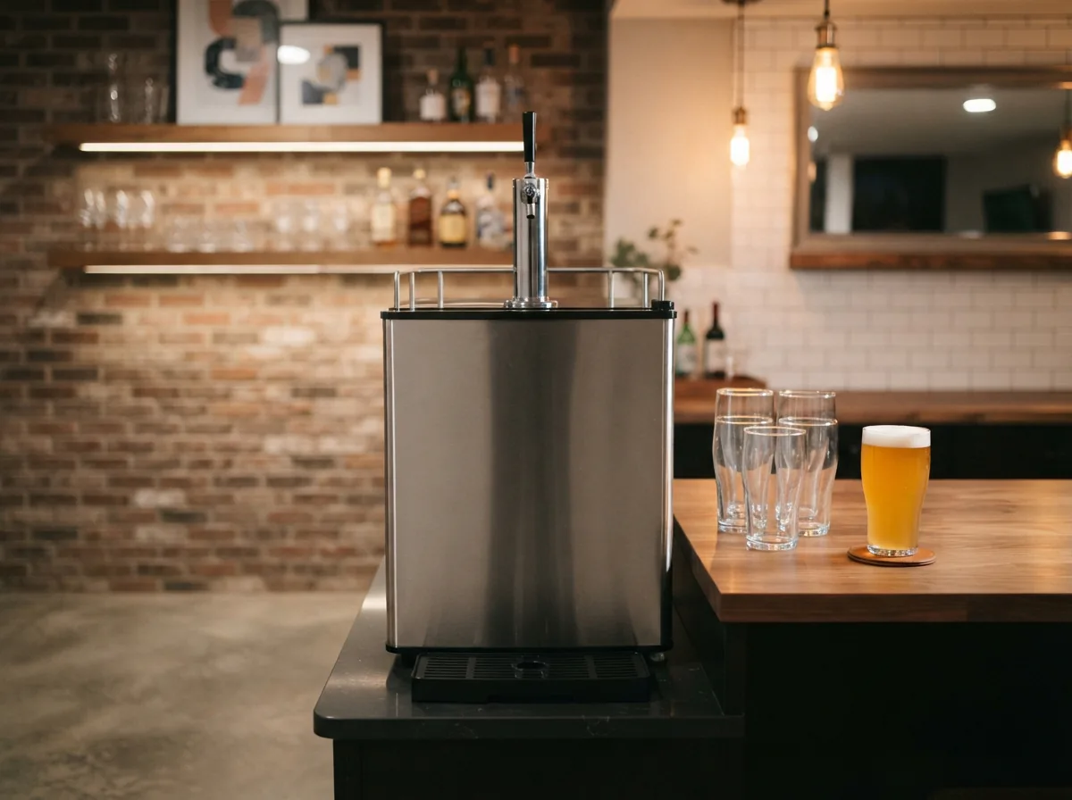 A clean, organized home bar area with a kegerator, glassware, and a coaster on the counter.