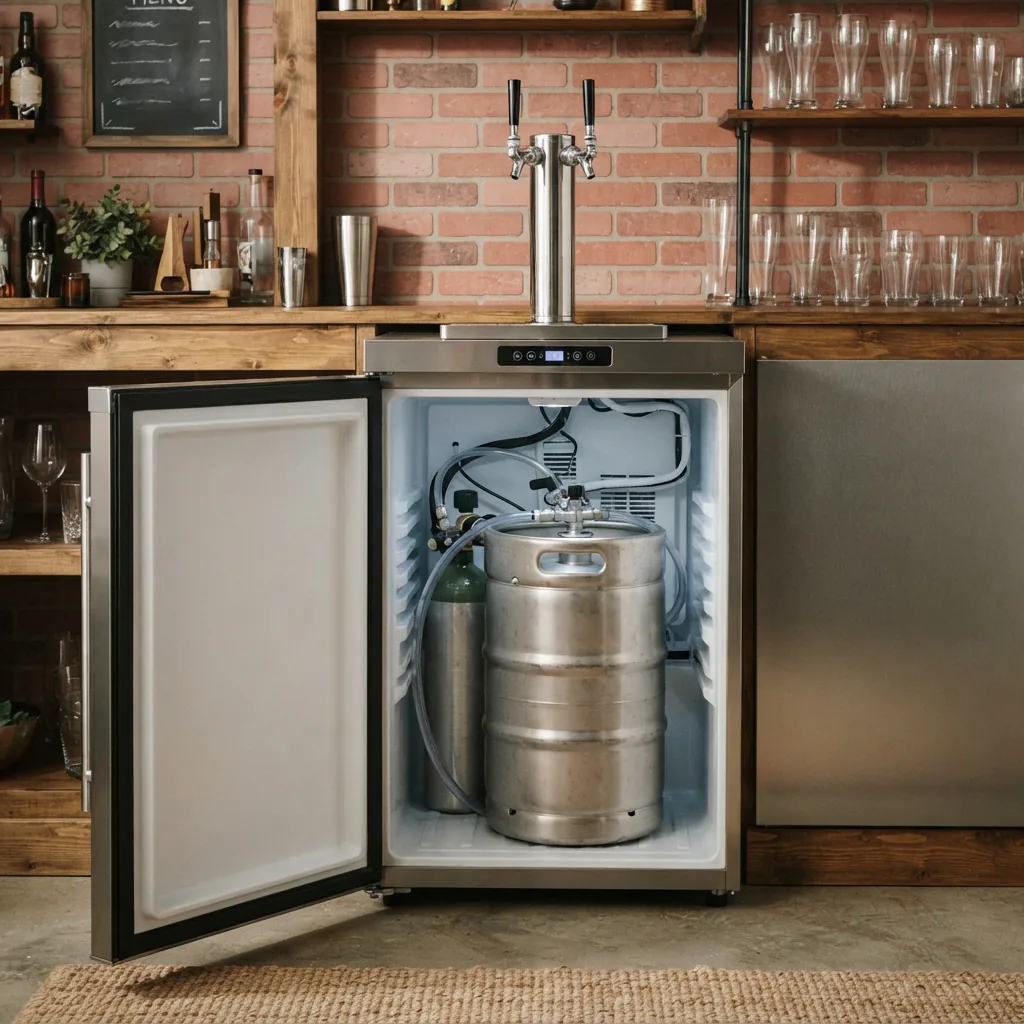 A kegerator conversion refrigerator with a keg inside and a tap tower on top.