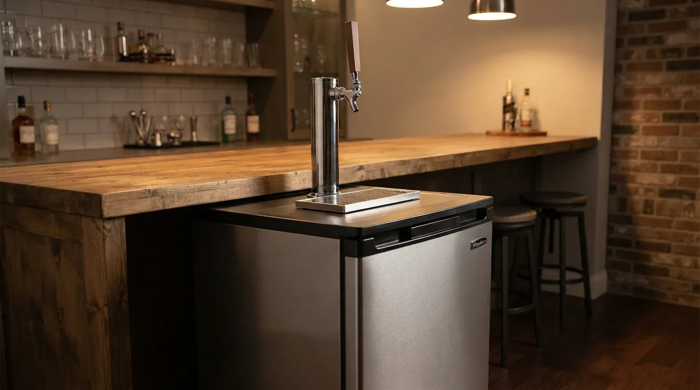 The EdgeStar KC1000 stainless steel kegerator with a beer tap handle installed.
