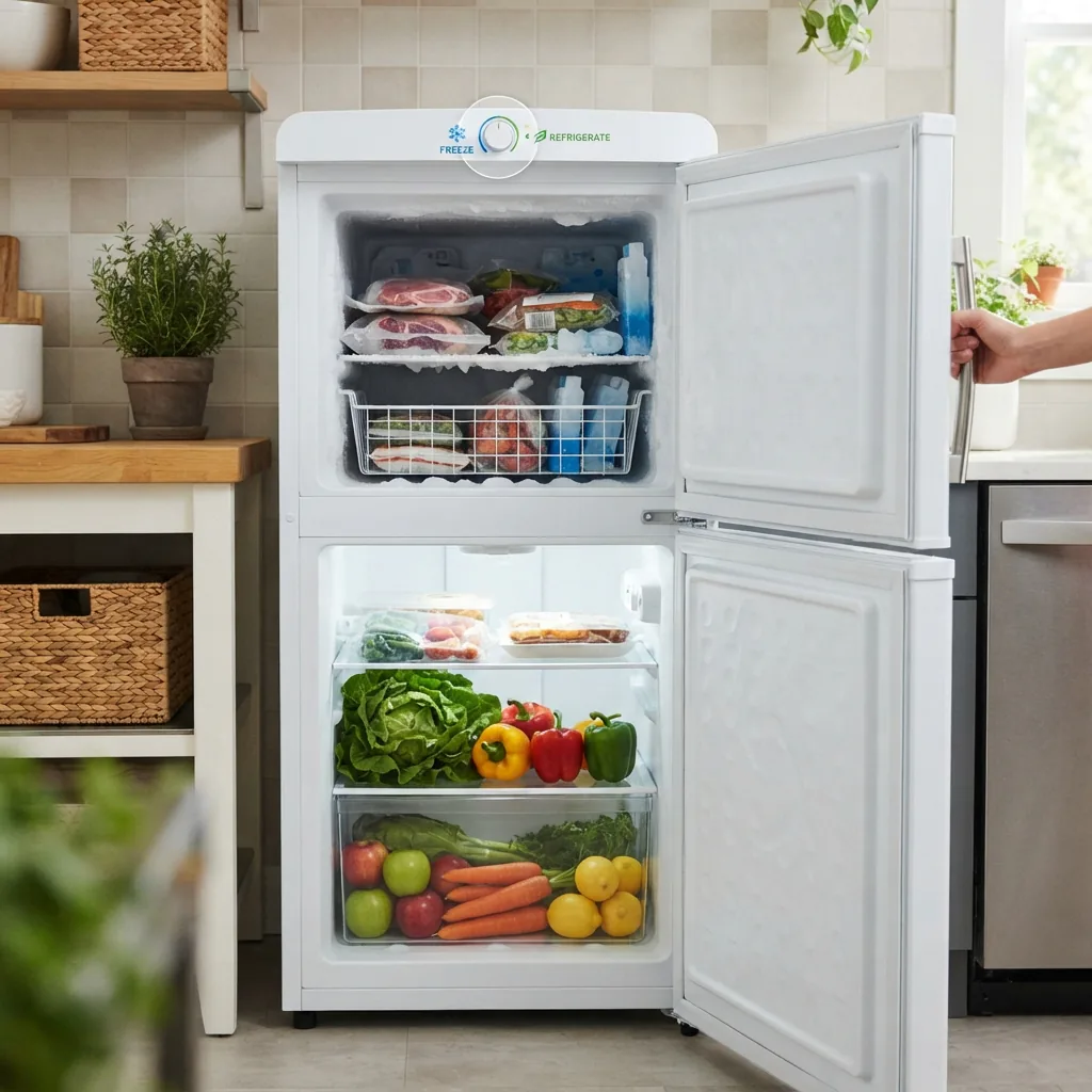A convertible freezer unit shown in both freezer and refrigerator modes.