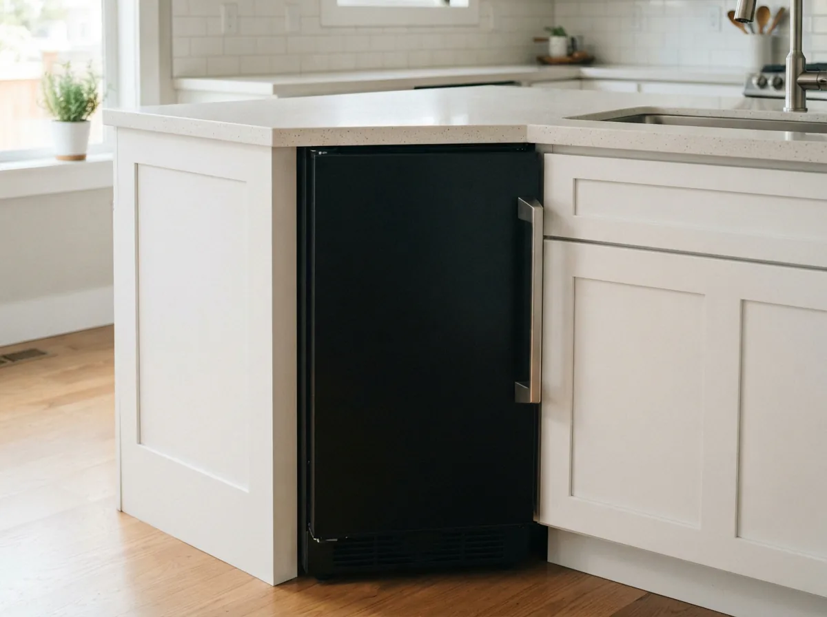 The EdgeStar IB450BL 15-inch built-in ice maker with a black front, installed under a counter.