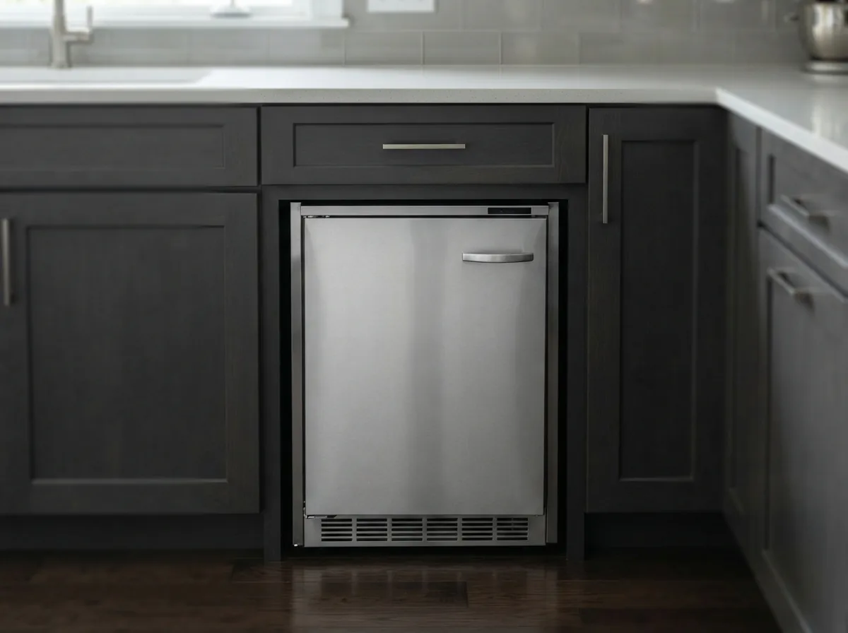 The EdgeStar IB450SS 15-inch ice maker with a stainless steel door, shown in a kitchen cabinet opening.