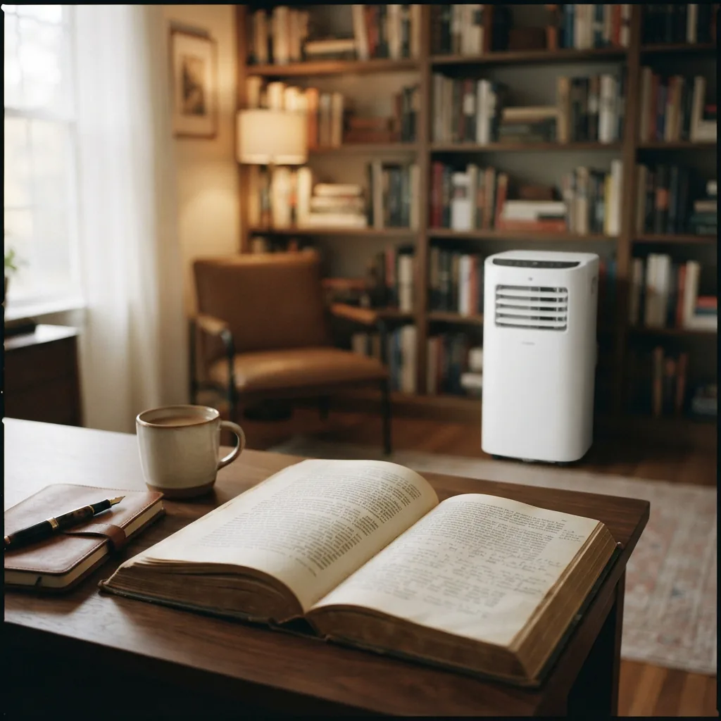 An ultra-quiet EdgeStar portable air conditioner model in a silent study.