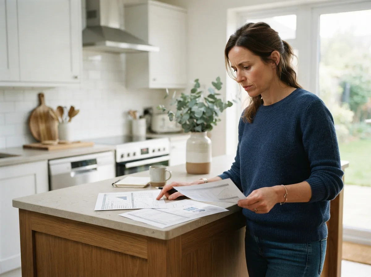 A person thoughtfully comparing two dishwasher specification sheets on a kitchen island