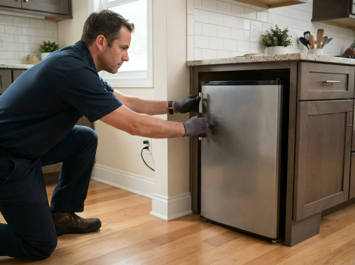 A person easily installing a compact freezer in a kitchen corner with adequate space around it.