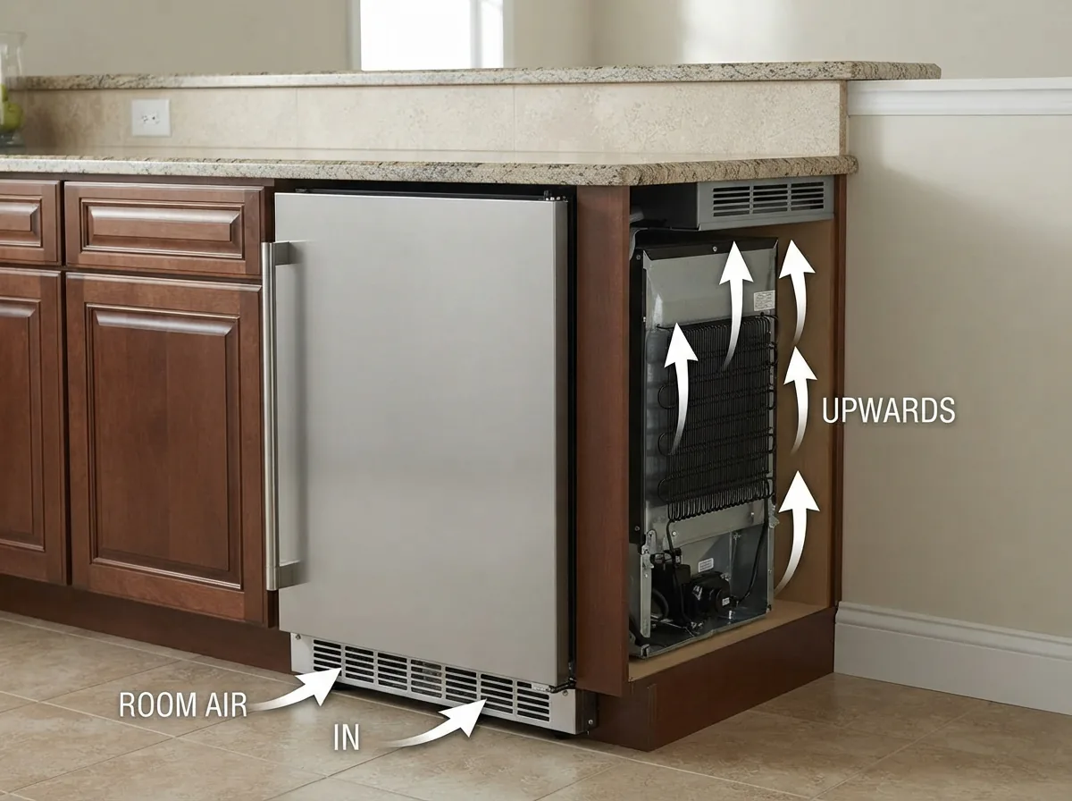 A diagram showing the ventilation requirements for a built-in refrigerator installation.