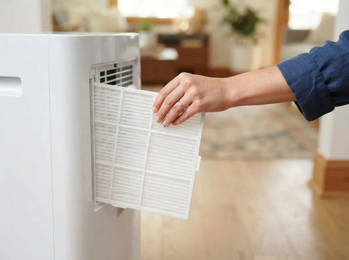 A close-up of a clean air filter being removed from a portable air conditioner unit