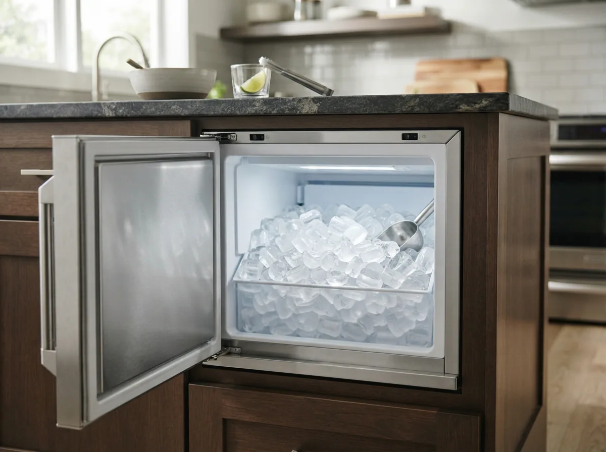 EdgeStar ice maker filled with fresh ice cubes in a modern kitchen setting.