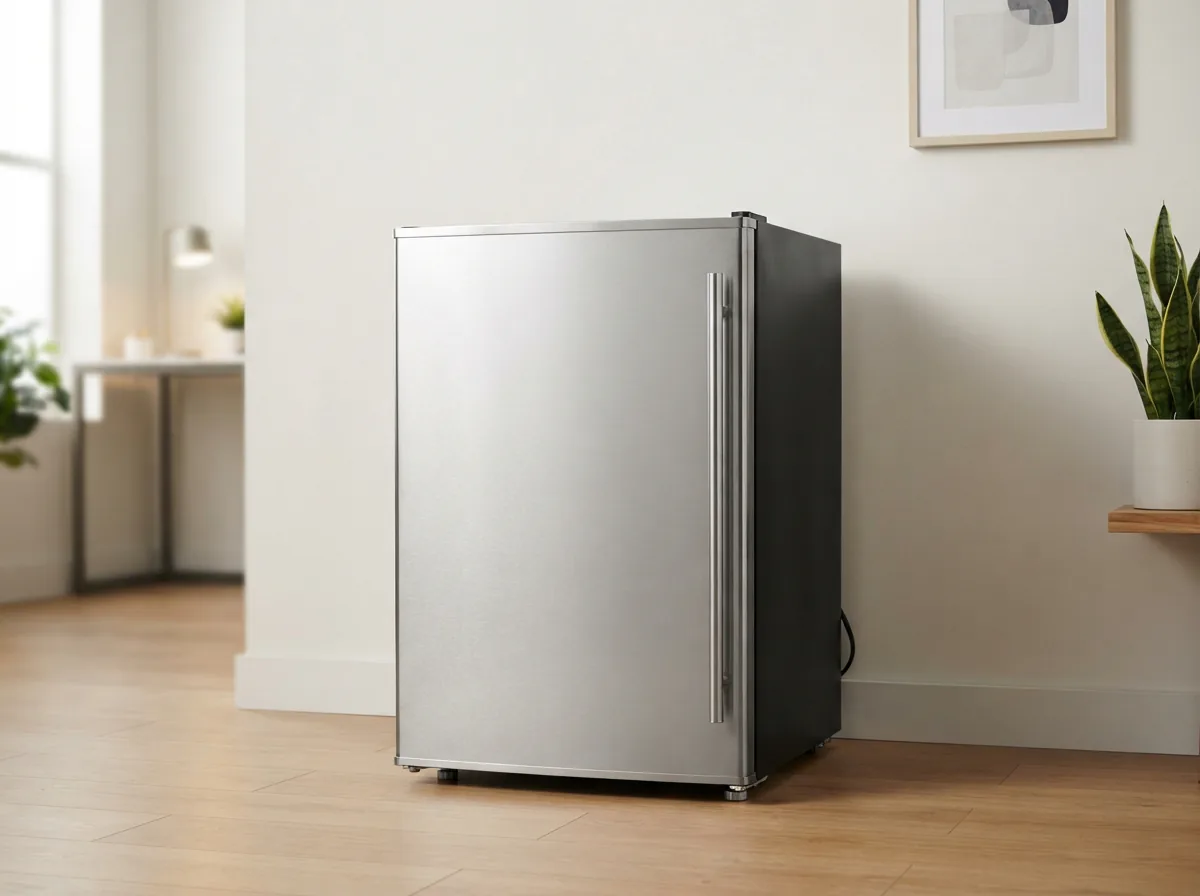EdgeStar CWF321SS compact freezer placed in a minimalist office setting.