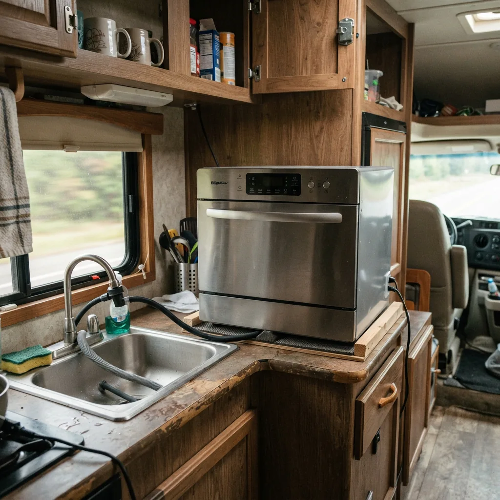 A countertop dishwasher installed in an RV or mobile living space