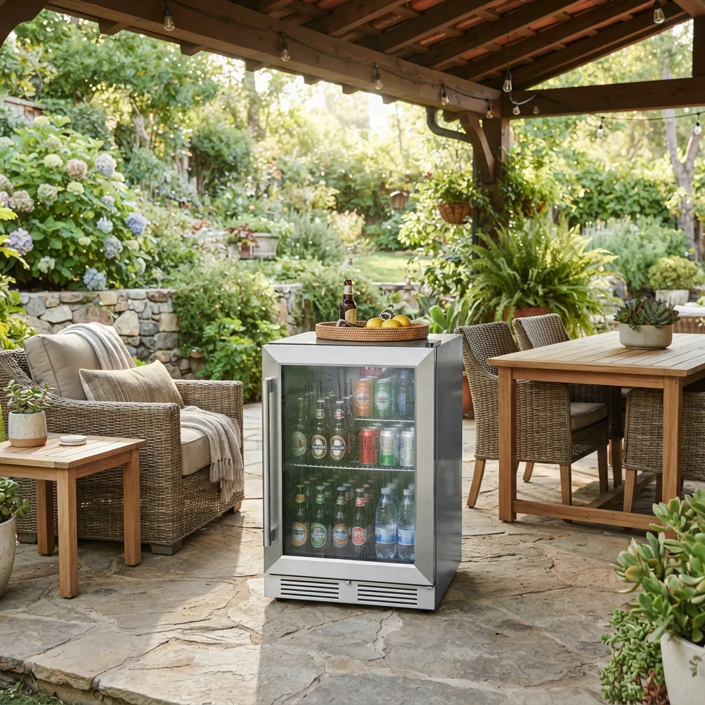 An outdoor-rated beverage cooler on a covered patio with outdoor furniture.