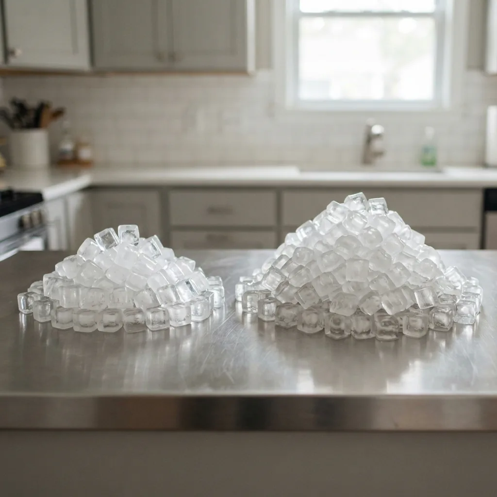 A side-by-side visual comparison of ice mounds representing 25 lb and 50 lb daily production capacities.