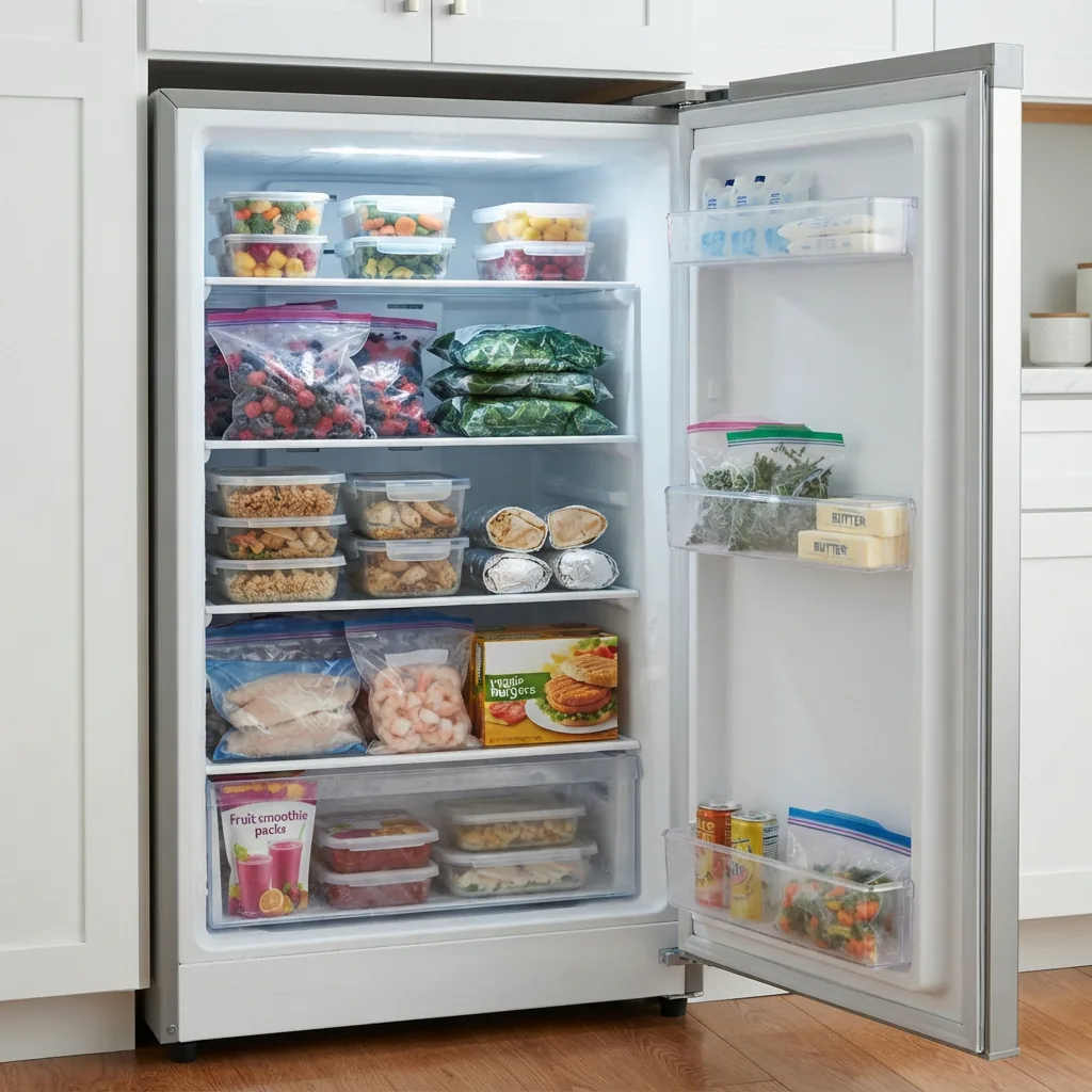 The interior of an upright compact freezer with organized shelves.