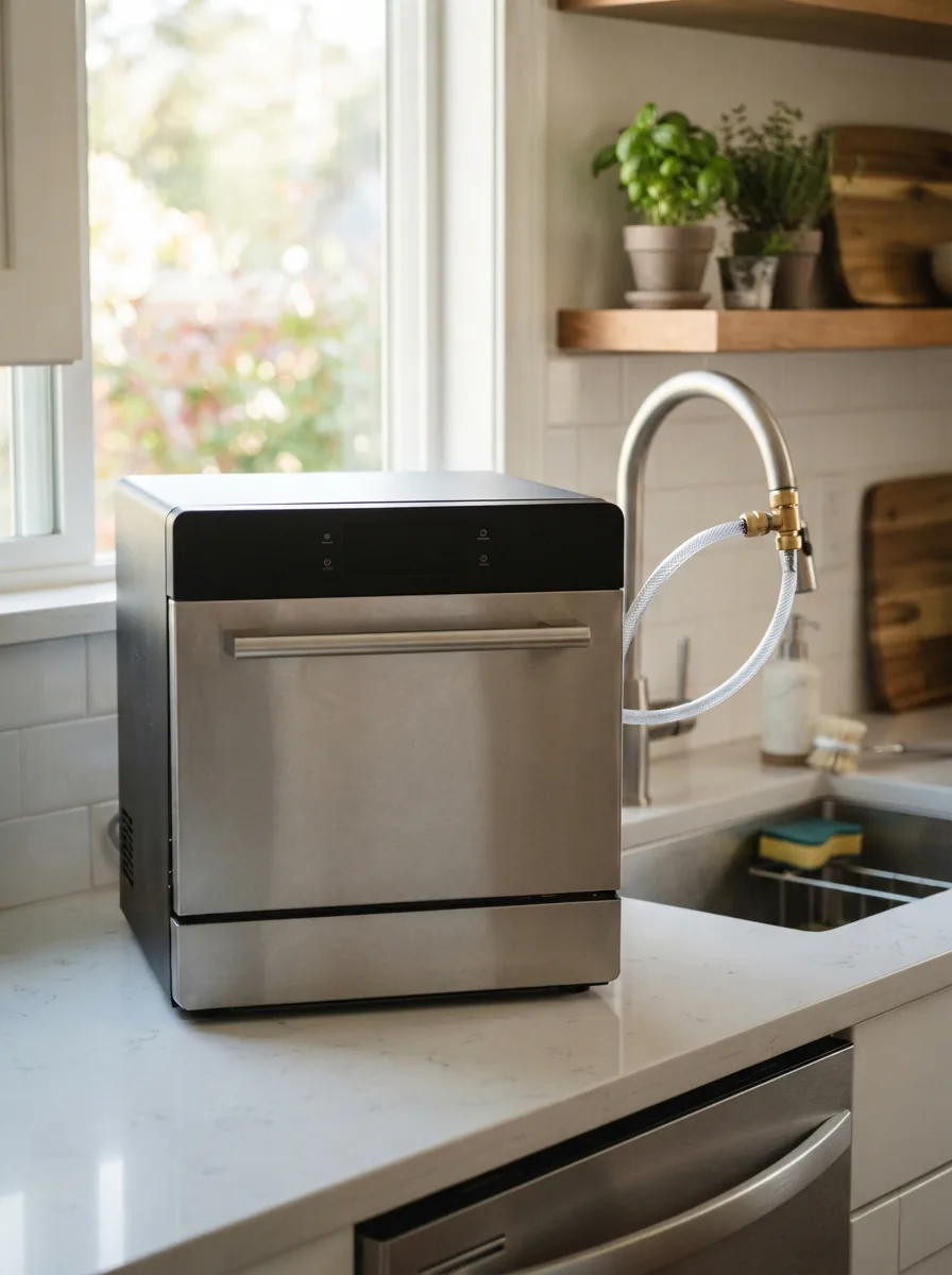 An EdgeStar portable dishwasher on a kitchen counter with a faucet adapter connected, ready for use.