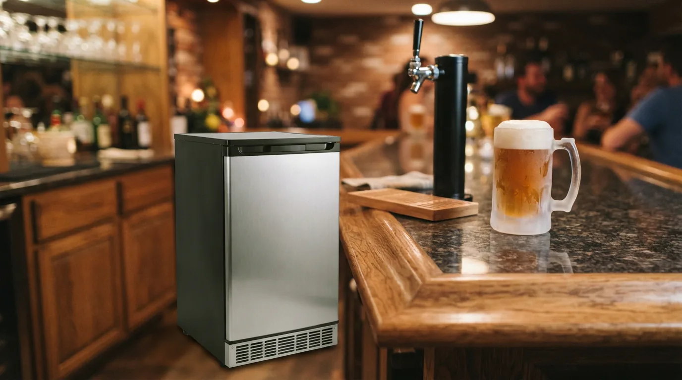 The EdgeStar KBR3200SS stainless steel kegerator conversion refrigerator in a modern home bar.
