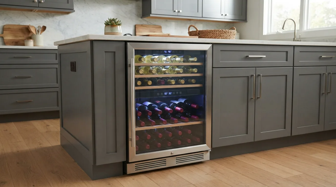 The EdgeStar CWR462DZ dual-zone wine cooler installed in a contemporary kitchen setting
