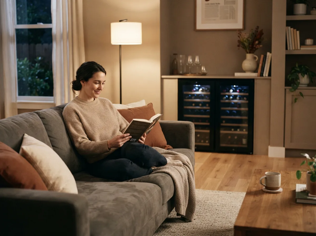 Person quietly reading in a living room with a sleek wine cooler operating nearby