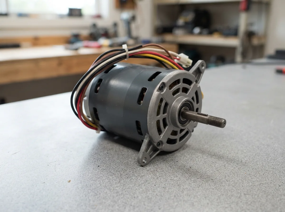 An EdgeStar air conditioner fan motor on a workbench.