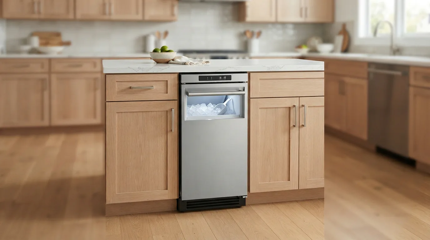 A slim-design EdgeStar undercounter ice maker installed in a narrow kitchen cabinet space.