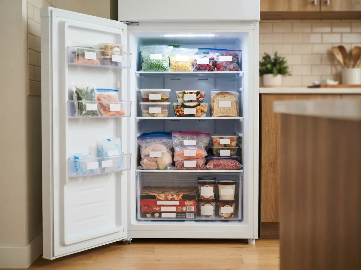 Close-up of a frost-free freezer interior with no ice buildup on the walls or food packages.