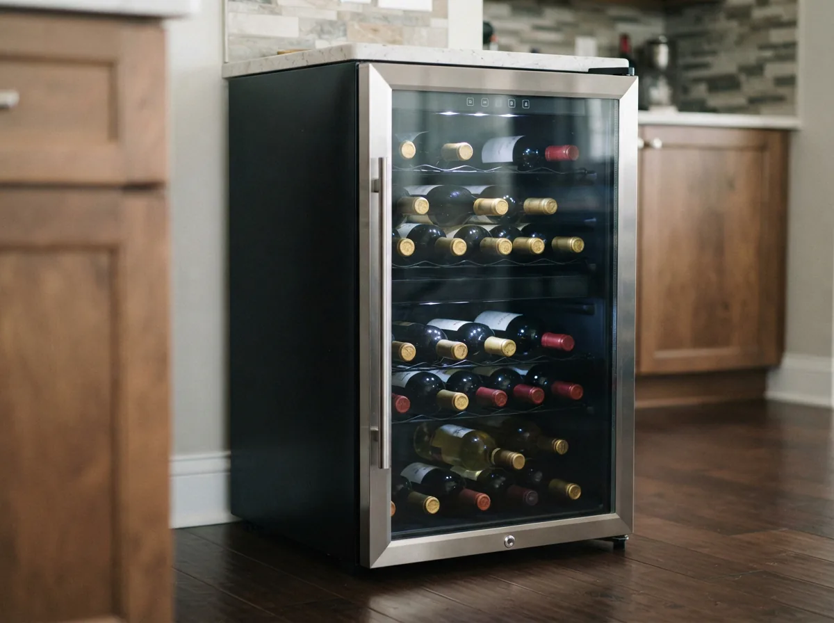 The EdgeStar CWR263DZ wine cooler with its interior fully stocked with wine bottles