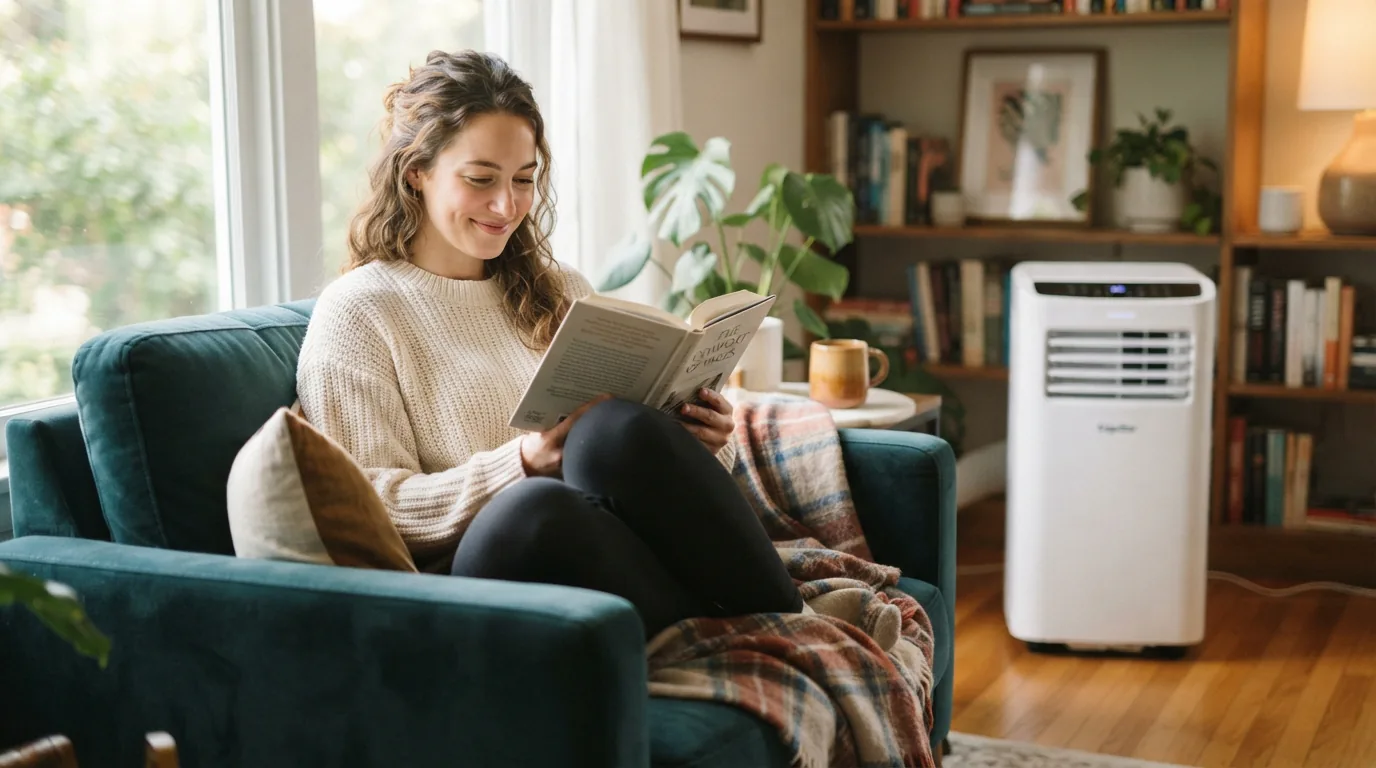 A person comfortably relaxing in a well-cooled room with a portable air conditioner visible.