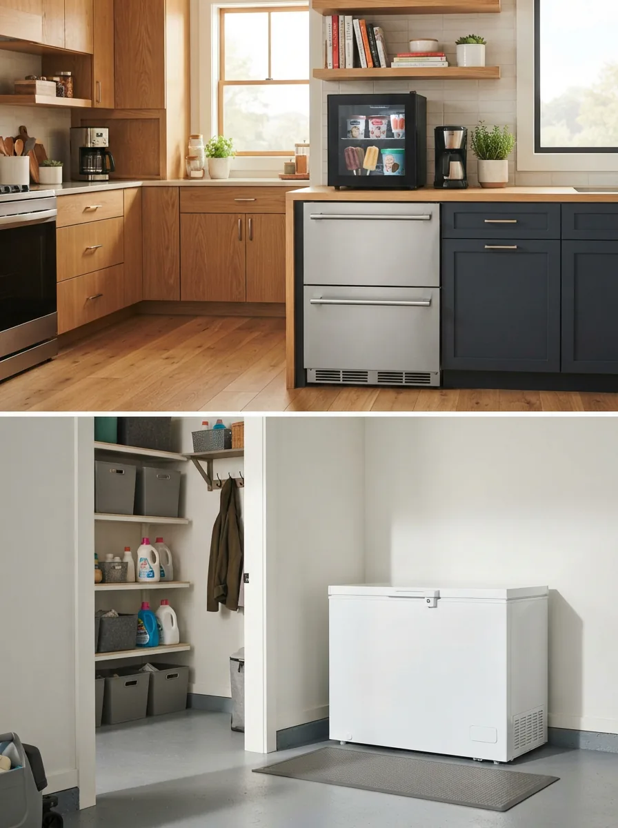 A collection of EdgeStar compact freezers displayed in a modern home setting.