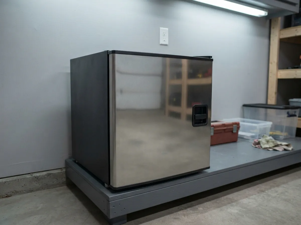EdgeStar FP Series refrigerator/freezer against a garage wall.