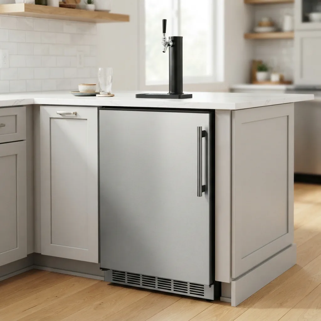 A built-in EdgeStar kegerator installed seamlessly under a kitchen counter.