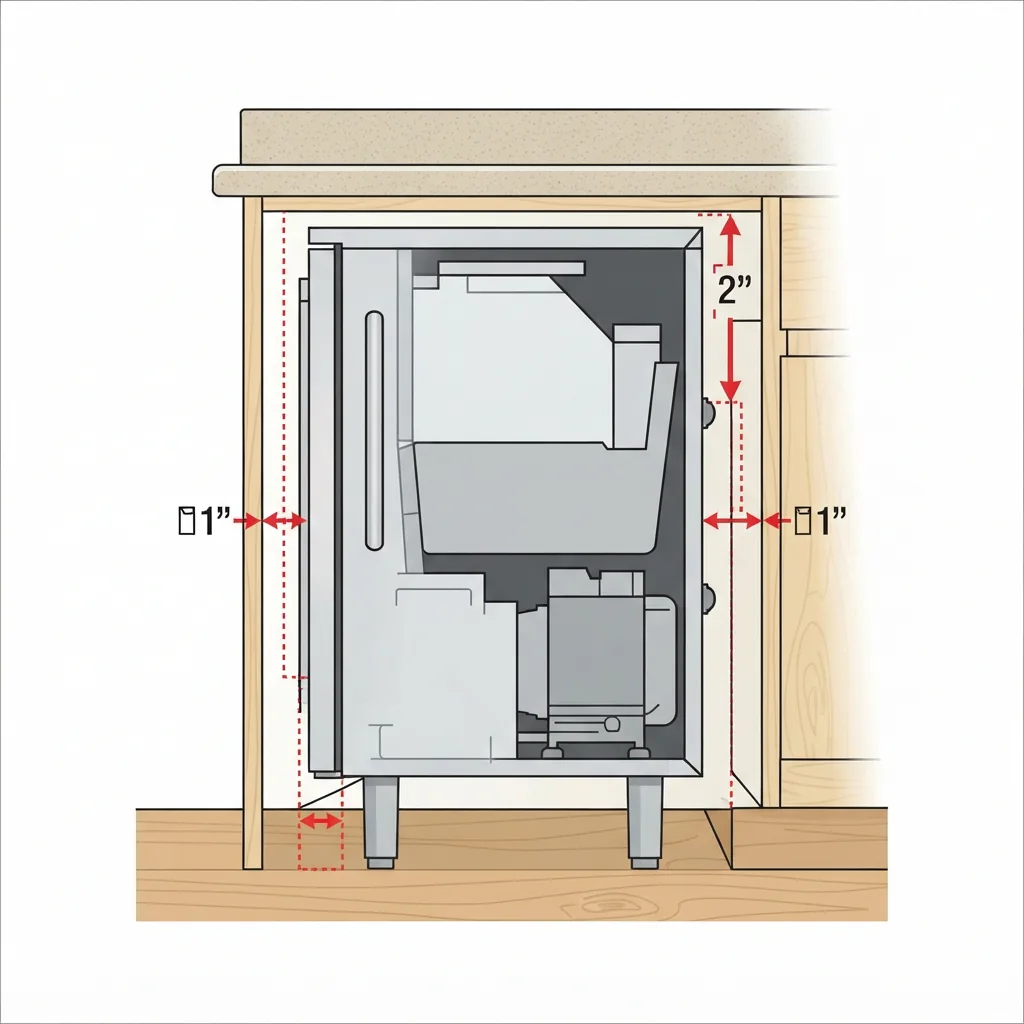 A diagram showing the ventilation clearances required for a built-in undercounter ice maker.