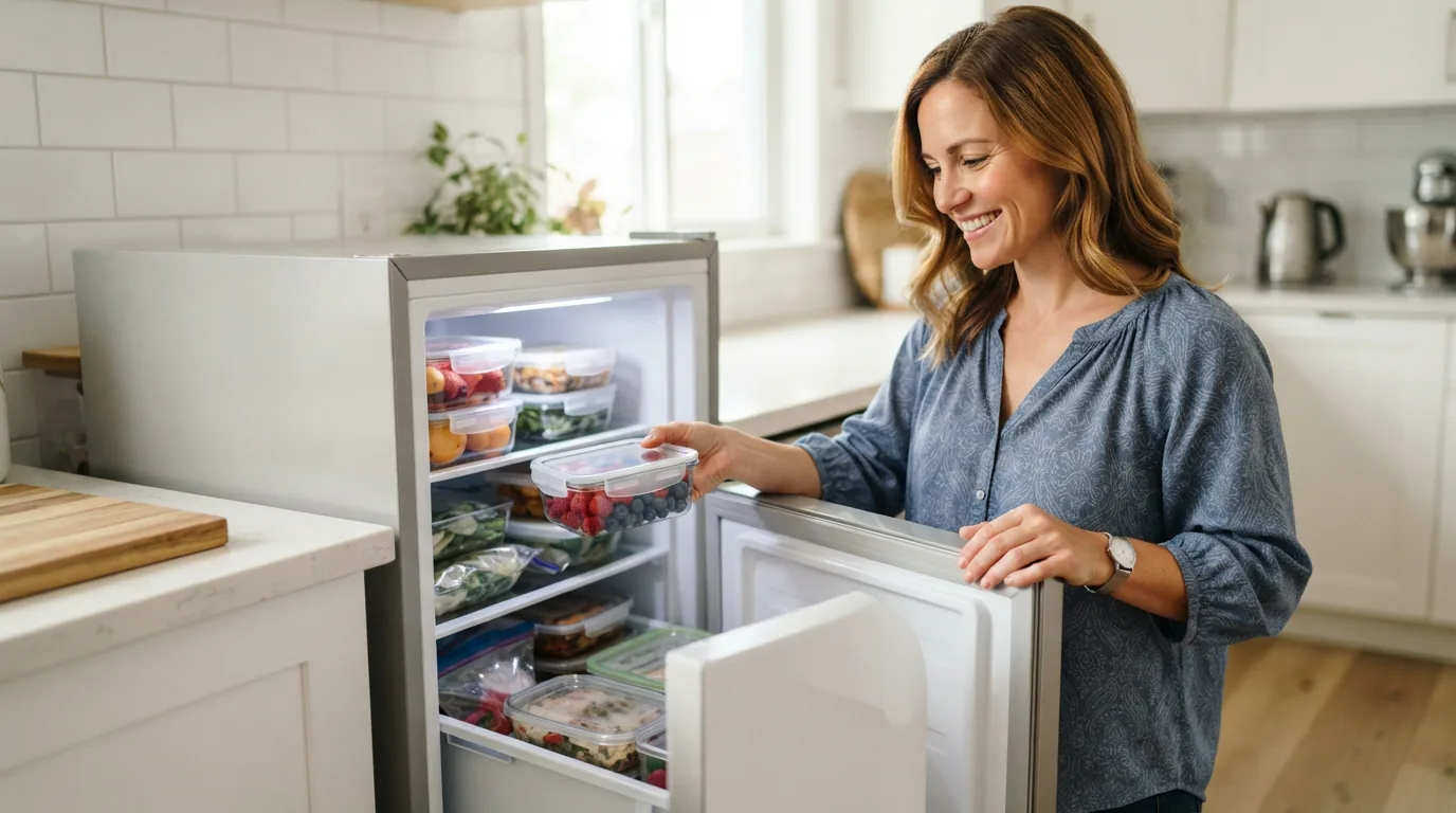 A person happily organizing items inside a new compact freezer in their home.