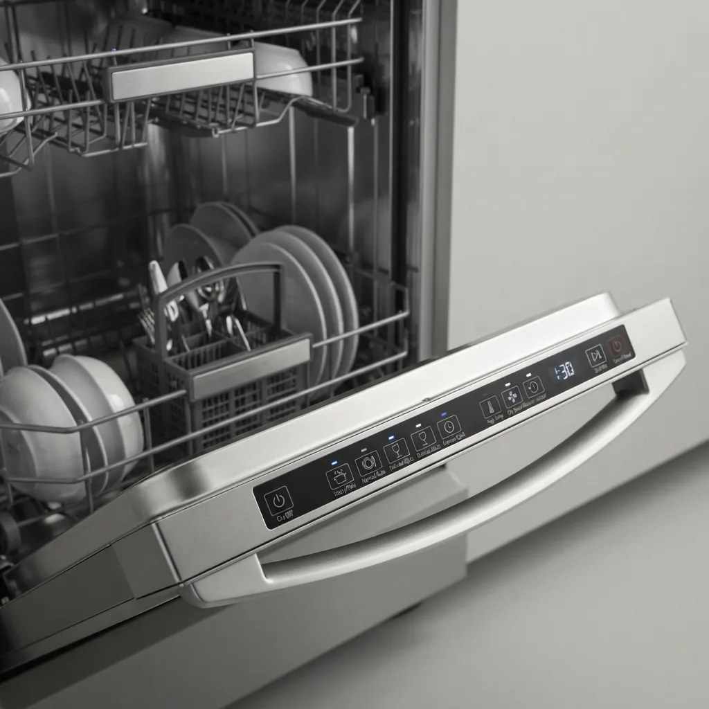 Close-up of dishwasher interior features including stainless steel tub and multiple cycle options