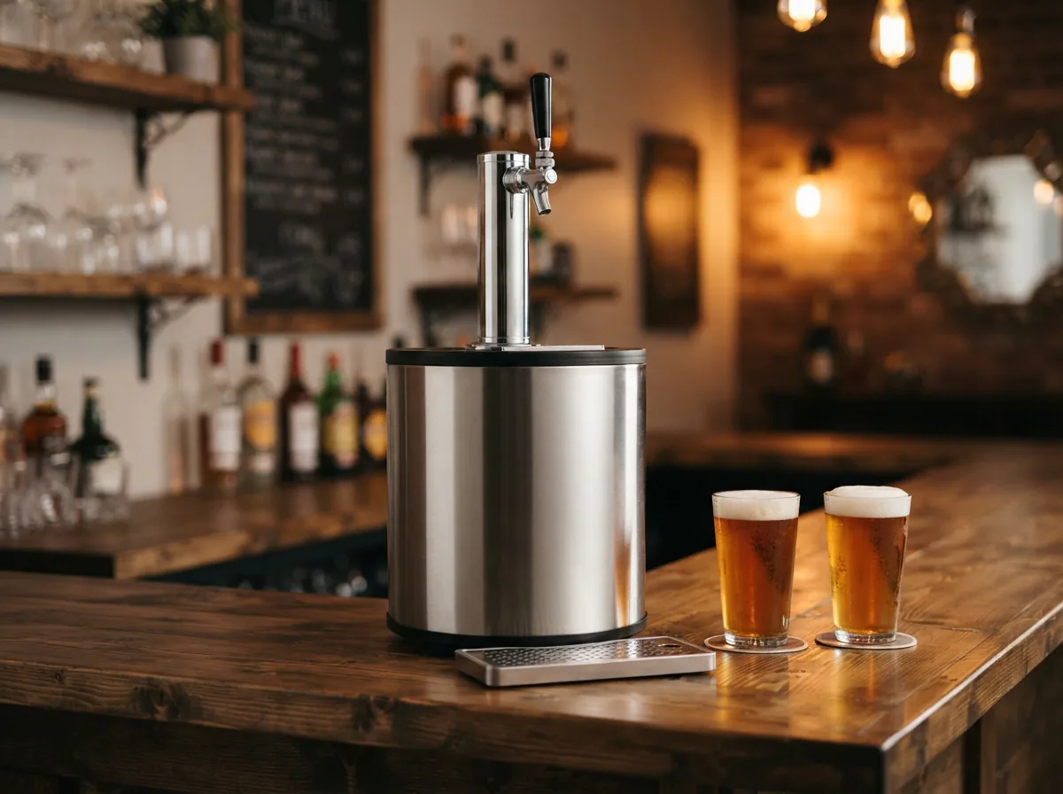 The EdgeStar KC1000 stainless steel kegerator as the centerpiece of a home bar setup.