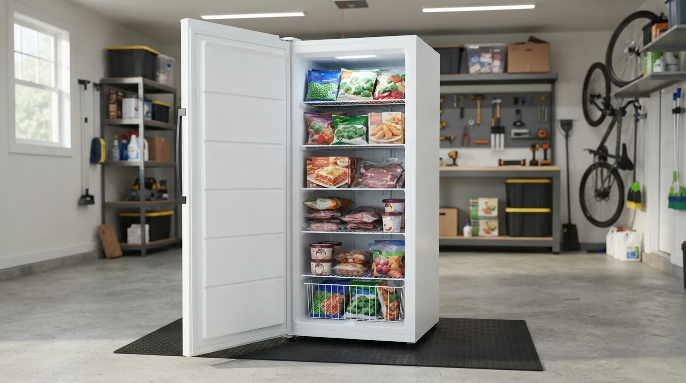 EdgeStar 7.0 Cu. Ft. upright freezer in a well-organized garage.