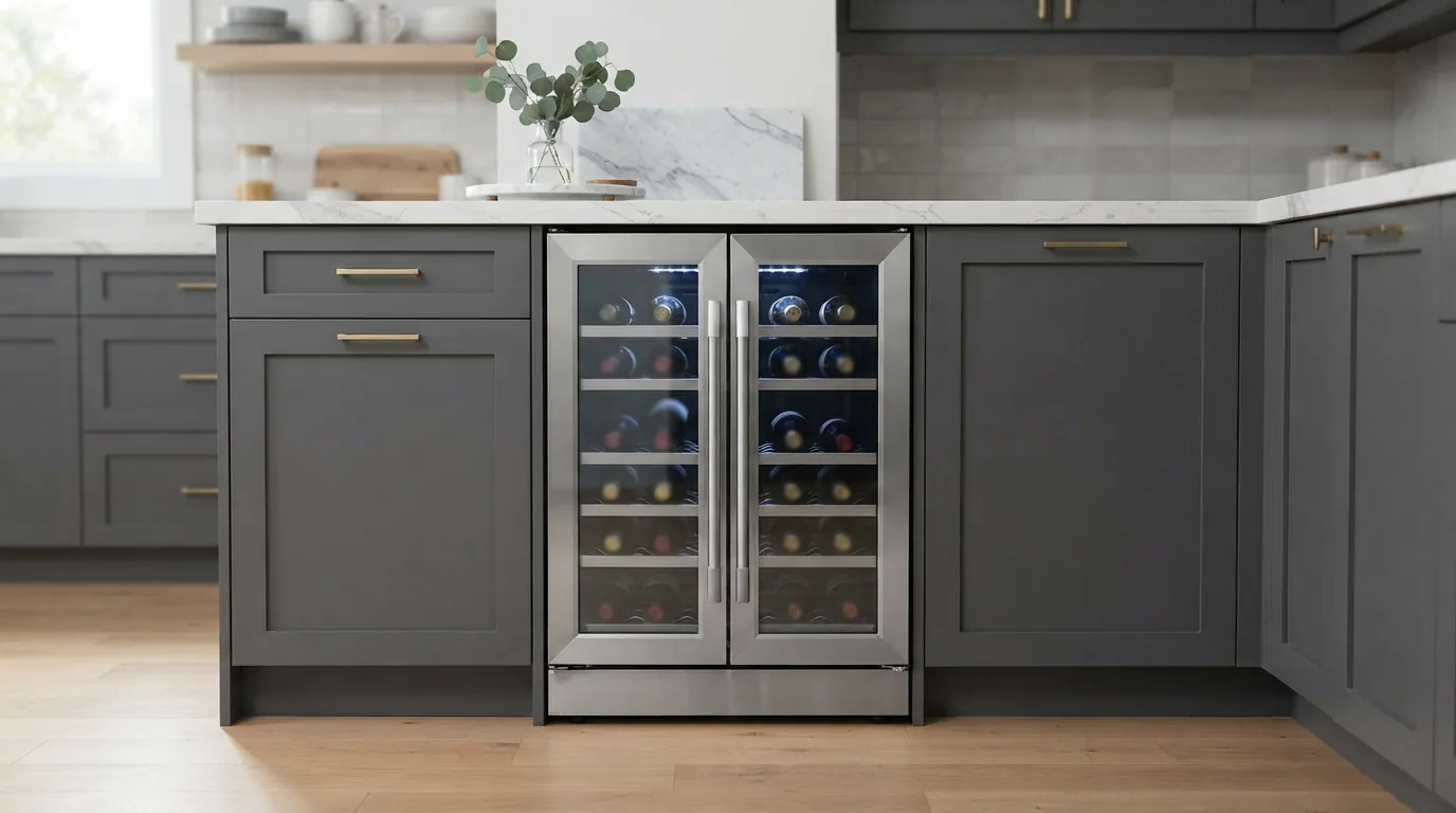 The EdgeStar CWF120SS counter-depth compact refrigerator installed flush with kitchen cabinets.
