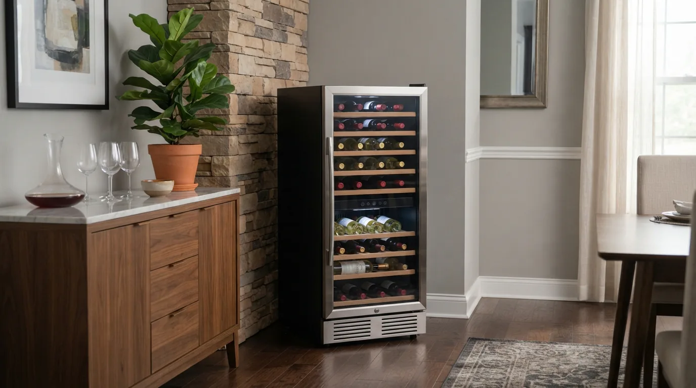 The wide, 30-inch EdgeStar wine cooler standing alone in a dining room corner