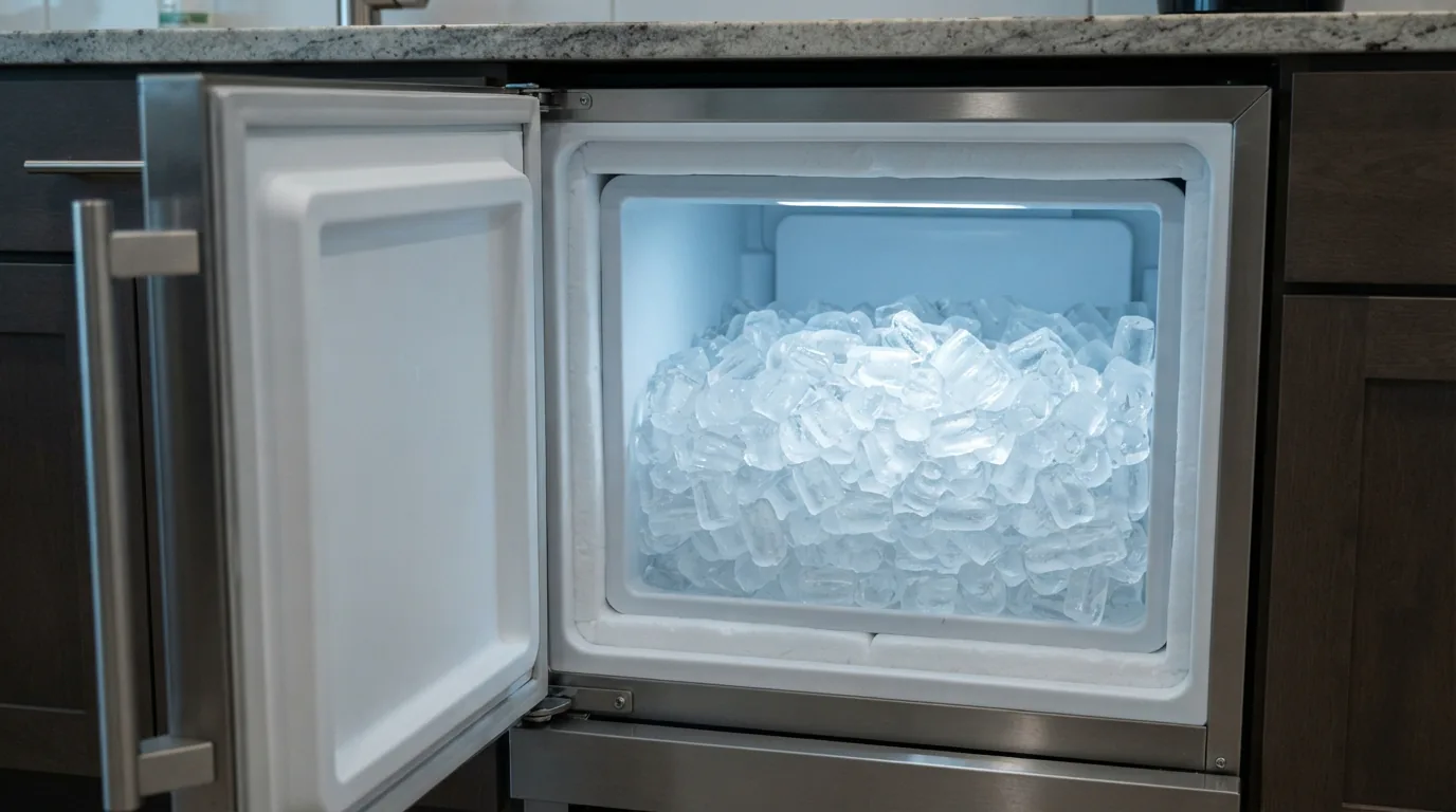 An EdgeStar high-capacity ice maker with a large, visible internal storage bin full of ice.